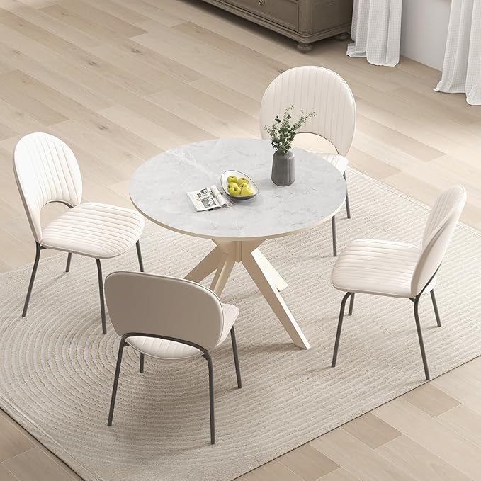 COSTWAY 36" Round Dining Table, Solid Wood Kitchen Table with Intersecting Pedestal Base and Adjustable Foot Pads for Home, Office, Small Space, Cafe, Bar (White)