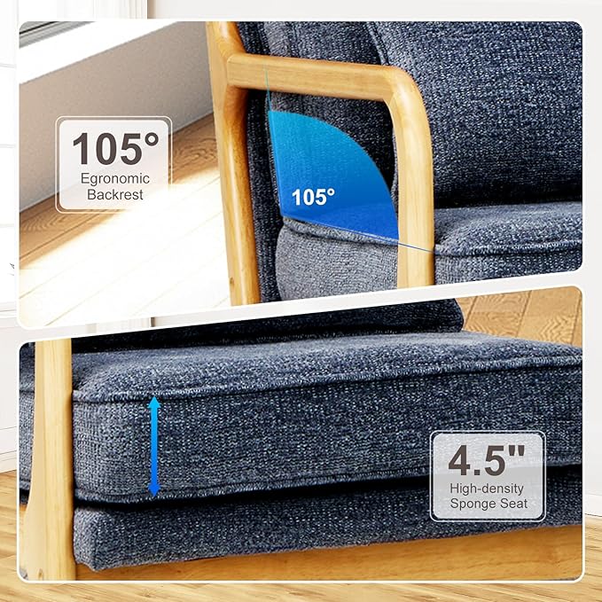 Modern Accent Chair Set of 2 with Lumbar Pillow, Relaxing Mid Century Chair Armchair with Solid Wood Frame & Soft Cushion, Reading Leisure Armchair for Living Room, Blue