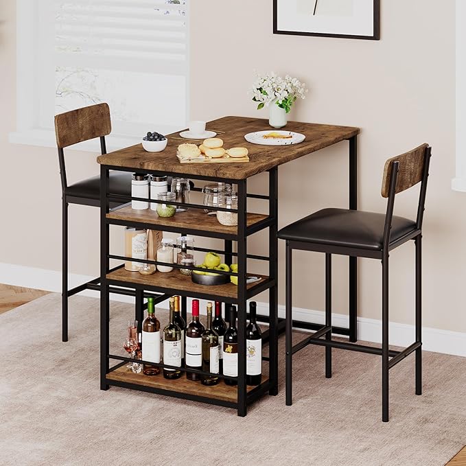 GAOMON Dining Table Set for 2, Counter Height Kitchen Table and Chairs, Bar Table Set with 2 Upholstered Bar Stools, 3 Piece Dining Room Table Set for Small Space, Apartment, Retro Brown