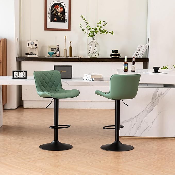 YOUNUOKE Bar Stools Set of 2 with Back Modern Faux Leather Swivel Counter Height Barstools Adjustable Tall Bar Stool Chairs for Kitchen Islands, Sea Green