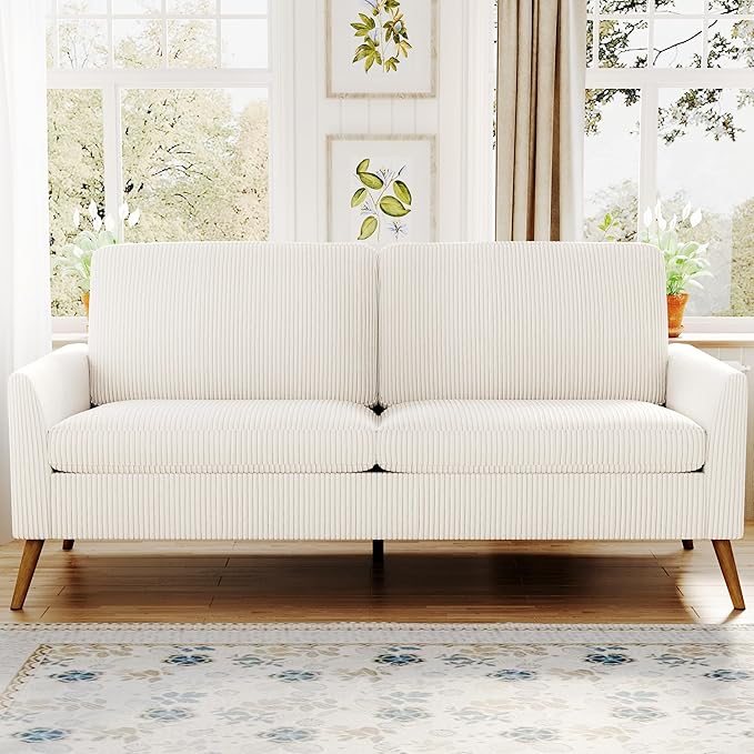 68" Loveseat Sofa, Comfy White Corduroy Couches for Living Room, Mid Century Modern Love Seat Sofa, Tool-Free Setup Small Couches for Bedroom Office