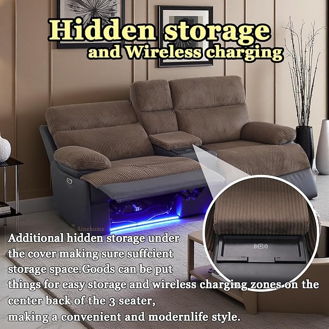 A Ainehome Power Recliner Loveseat with LED Light, Power Reclining Living Room Set, Reclining Sectional Sofa Couches with USB Port/Hidden Storage for Living Room/Office/RV