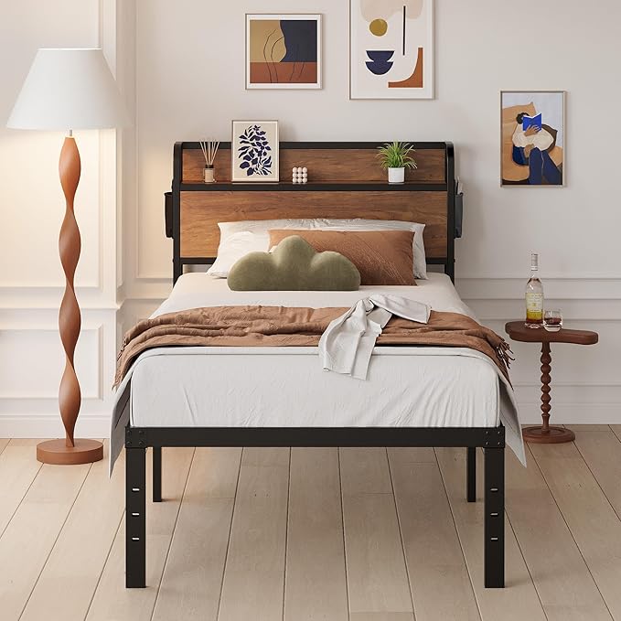 16 Inch Twin Bed Frames with Wood Headboard, Storage Bed Frame Twin No Box Spring Needed, Noise Free, Mahogany