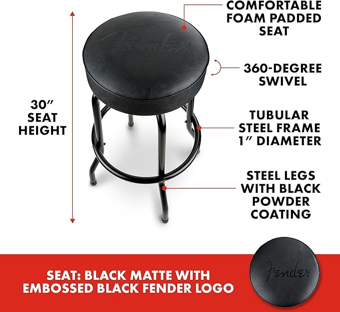 Fender Embossed Black Logo Swivel Barstool, Great Gifts for Dad, with 1 Year Limited Warranty, Simple Assembly, Black/Black, 30"
