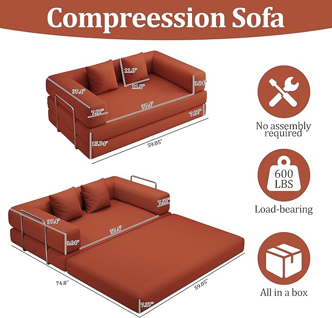 BSHOMGI 4-in-1 Foldable Sofa Bed Teddy Fabric Foam-Filled Compressed Couch, Convertible Loveseat Sofa, Boneless FoldingSleeper for Living Room, Guest Bed, Playroom (Orange, 59” 2 Seat)