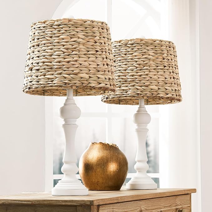 Maxax 26" Boho Rattan Table Lamps Set of 2 for Living Room, Coastal Bedside Lamps with Rattan Shade, Farmhouse Cottage Wicker Lamps, Rustic Resin Nightstand Lamps for Bedroom, White