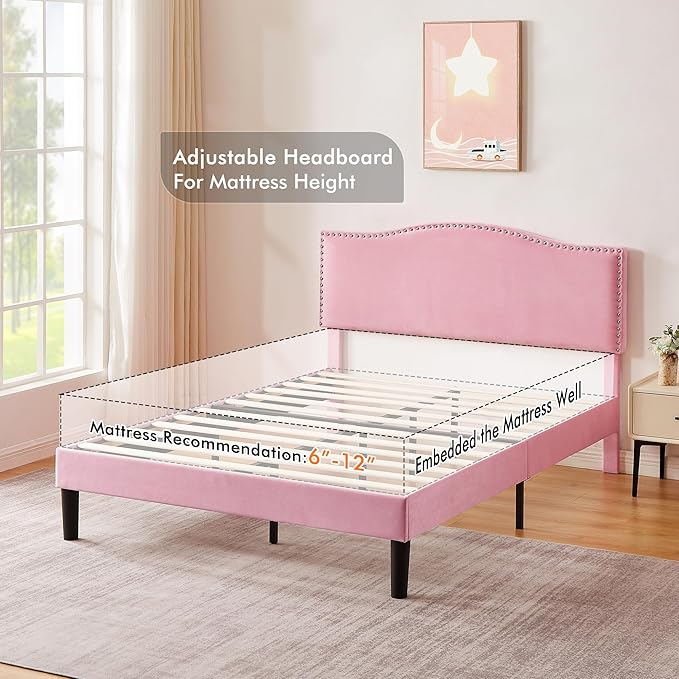 VECELO Queen Bed Frame, Platform Bed Frame with Adjustable Height Upholstered Headboard, Heavy-Duty Frames and Strong Wooden Slats Support, Non-Slip and Noise-Free, Easy Assembly, Pink