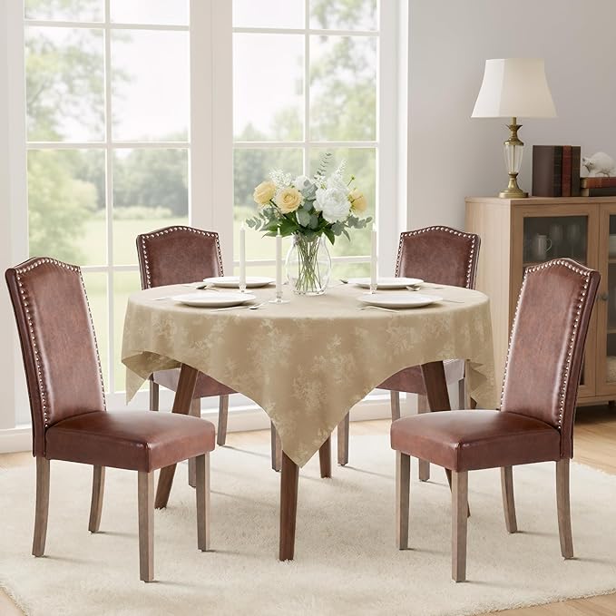Upholstered Dining Chair Modern Stylish Parsons Kitchen Diner High Back with Silver Nailhead Trim & Wood Legs, Set of 6, PU Leather Light Brown