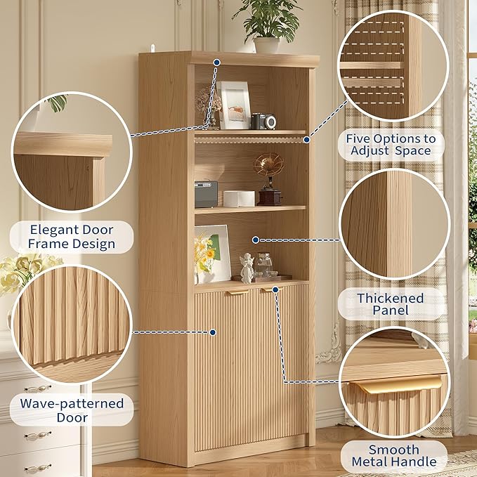 Garvee Tall Book Shelf and Bookcase, Wooden Bookcase with Doors, Modern Book Case with Large Storage Cabinet, 5-Shelf Bookcases with Adjustable top Shelve for Home Office, Living Room, 2 Set Oak