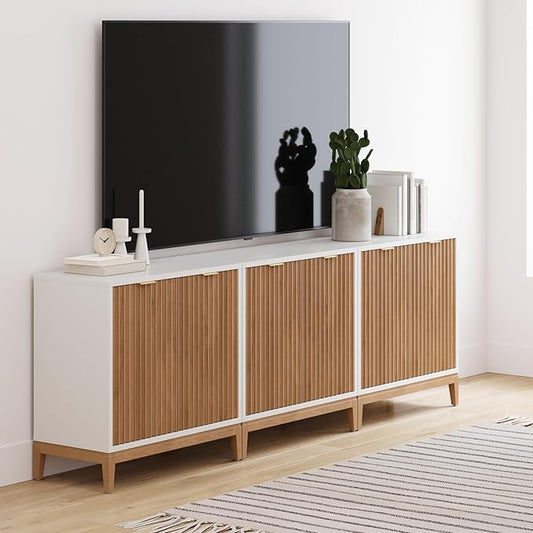 Nathan James Jasper Modern Sideboard, TV Stand with Fluted Doors, Accent Storage for Kitchen or Living Room, White/Warm Pine, Set of 3
