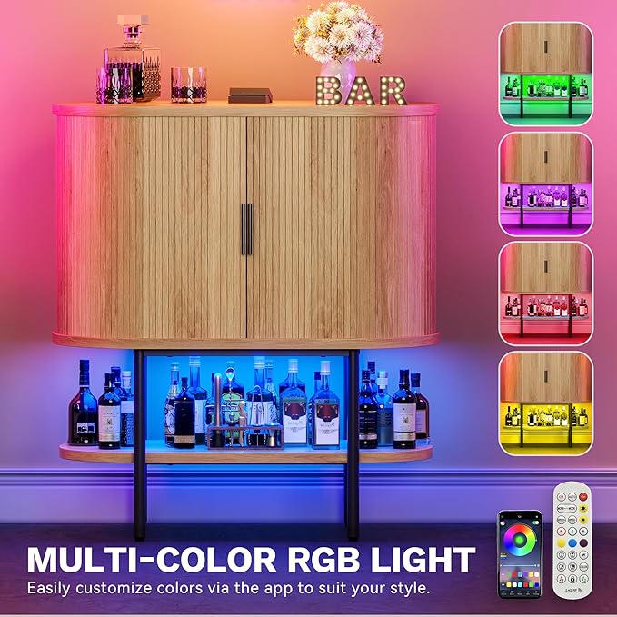 DWVO Bar Cabinet with LED Lights, Oval-Shaped Wine Bar Table with 2 Glass Holders, 4 Wine Racks, Open Shelf, Fluted Coffee Bar Liquor Cabinet for Home, Kitchen, Living Room, Natural Oak