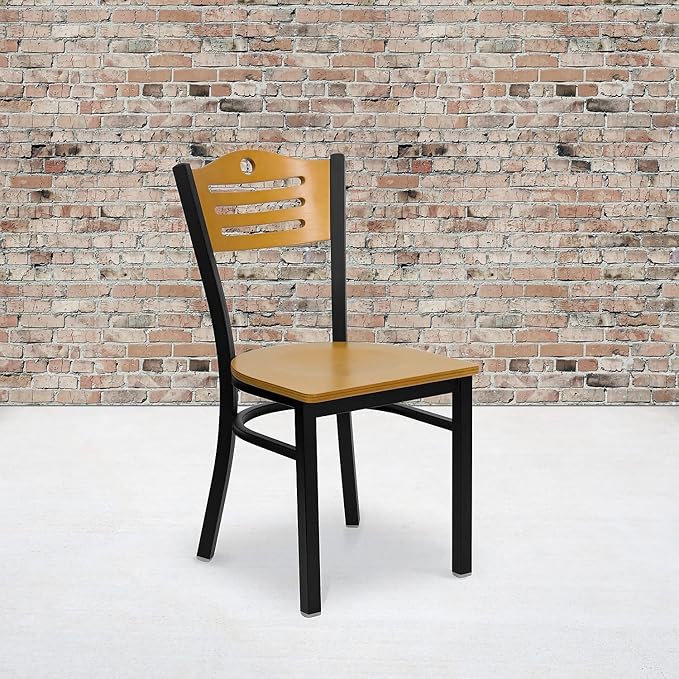 Flash Furniture 2 Pack HERCULES Series Black Slat Back Metal Restaurant Chair - Natural Wood Back & Seat