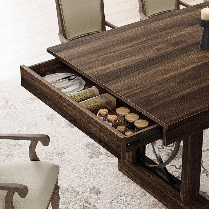 GarveeHome 71-Inch Rectangular Dining Table with Two Drawers, Wooden Kitchen Table w/Large Tabletop & Sturdy Frame, Large Dining Table for 6-8 with Double Pedestal, for Dining Room, Office