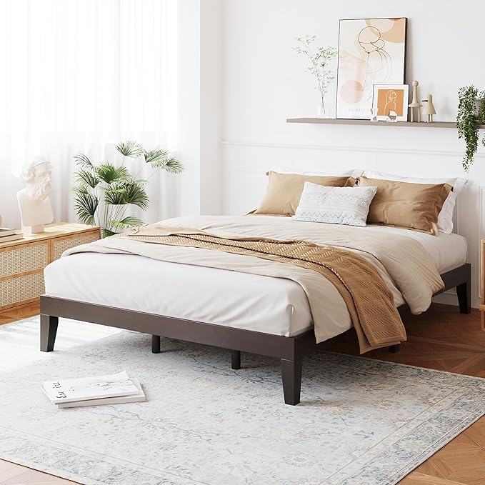 COLAMY 12 Inch Queen Size Platform Bed Frame，Sturdy Wood Bed Frame with Wood Slat Support, No Box Spring Needed, Easy Assembly（Espresso）