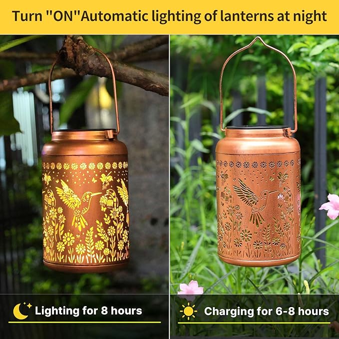 2Pack Hummingbird Solar Lanterns Outdoor Waterproof Lantern Garden Decor Gifts for Women Mom Grandma Hanging Solar Lights Metal Decoration Outside for Yard, Patio,Porch,Tabletop,Pathway