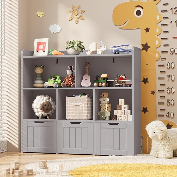 Gizoon Toy Storage Cabinet and Kids Bookcase with 3 Movable Drawers and 6 Open Shelves Featuring Fall Prevention Barrier for Playroom Nursery Kids Room Organization, Gray