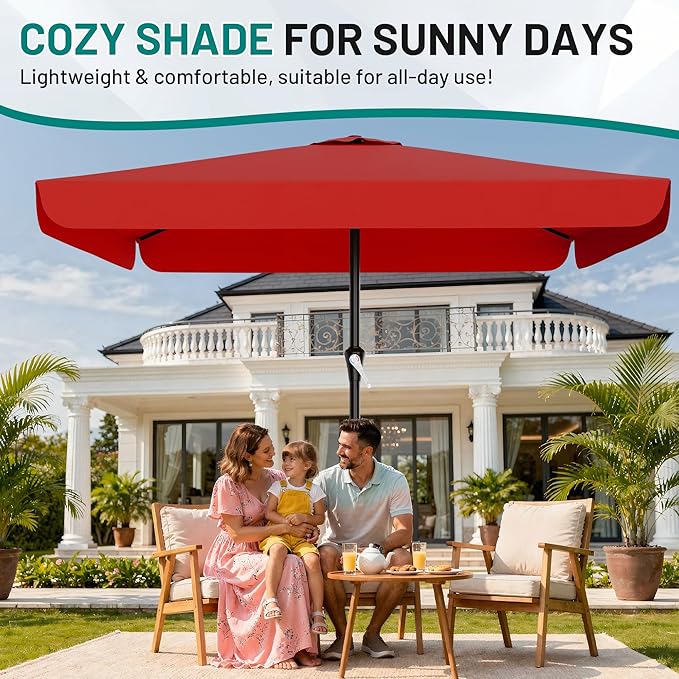 AreShark 8 X 10 FT Large Rectangular Patio Umbrella with Valance, Outdoor Table Market Umbrella w/Crank & 8 Ribs, Rectangle Outdoor Umbrellas for Garden, Deck, Yard and Poolside, Red