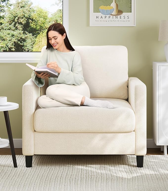 Welzona Sofa Accent Chair, 33" Reading Chair for Bedroom, Tool-Free Setup Living Room Accent Chairs, Comfy Arm Chairs Living Room, All-Wood Reading Nook, Cream White