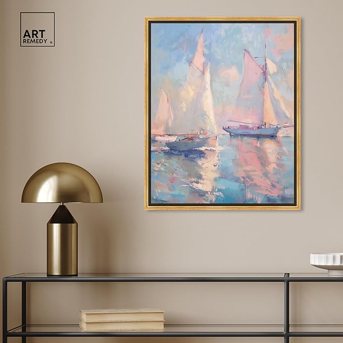 Art Remedy Set Sail Framed Sailing 1 Piece Canvas Wall Art, 21.5" x 25.5", Gold Frame
