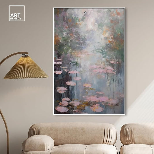 Art Remedy Pink Impressionisty Lilypads Framed Impressionism 1 Piece Canvas Wall Art/Monet And Van Gogh Inspired Art, 37" x 55", White Frame