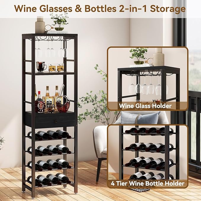 IBUYKE Wine Rack Freestanding Floor, Bar Cabinet for Liquor and Glasses,Coffee Bar Cabinet 4-Tier Wood bar Cabinet,Glass Holder and Storage Drawer for Home Bar Kitchen Living Room,Black UTMJ905B