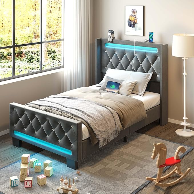 Rolanstar Twin Bed Frame with LED Light and Charging Station, Upholstered High Headboard and Footboard, Wood Slats, Noise Free, Easy Assembly, Grey