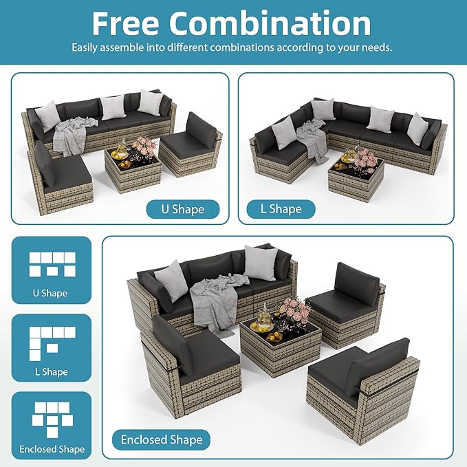 Pamapic 7 Piece Outdoor Sectional Sofa Set, All-Weather Patio Furniture with Washable Cushions, Waterproof Gray Rattan Wicker Conversation Set for Backyard, Poolside, Garden (Black Cushions)