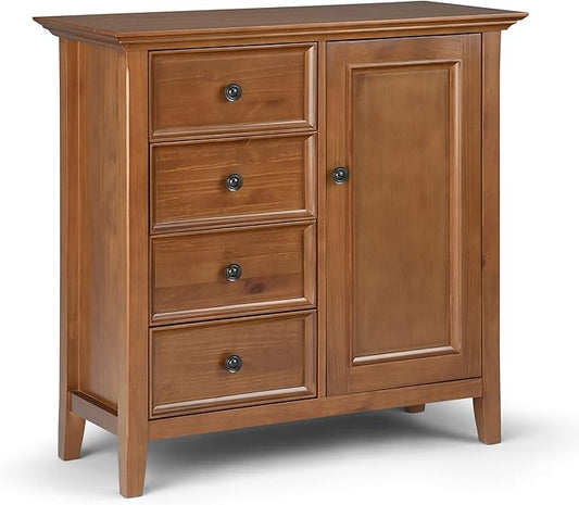 SIMPLIHOME Amherst SOLID WOOD 37 Inch Wide Transitional Medium Storage Cabinet in Light Golden Brown, with 4 Functional Drawers, 1 Door, 2 Adjustable Shelves