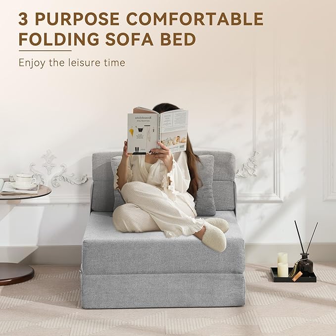 WUTUTUEE Folding Sofa Bed Convertible Floor Couch Foldable Chair Bed with Pillow，Linen Sleeper Chair Futon,Foldable Memory Foam Mattress for Bedroom/Living Room/Dorm/Office (Light Grey, Single)