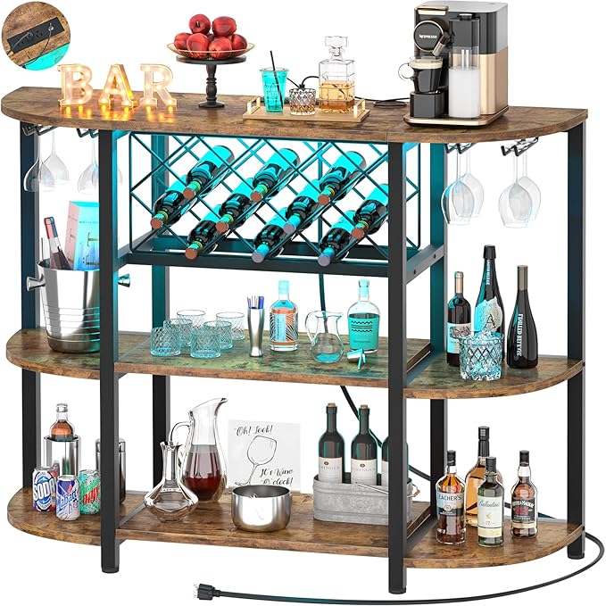 Unikito Wine Rack Table with Socket and LED Light, Floor Bar Cabinet for Liquor and Glasses, Wood Coffee Bar Table with Adjustable Wine Rack, FreeStanding Sideboard and Buffet Cabinet, Rustic