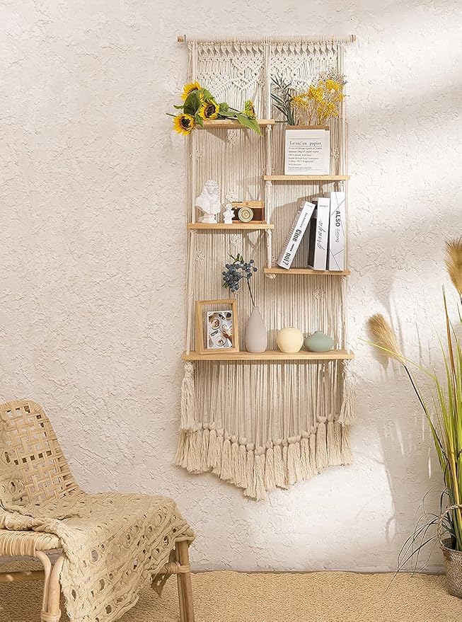 jontell Macrame Wall Hanging Shelf- Macrame Shelves Handmade Decorative Floating Boho Shelf-Plant Shelf Display Rack to Organize and Decor for Living Room, Bedroom, Bathroom…