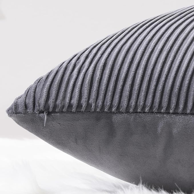 YCOLL Gray Pillow Covers 18x18 Set of 2 Velvet Striped Pattern - Soft Throw Pillows for Home Decor, Luxury Decorative Pillow Covers for Couch, Bed,Living Room