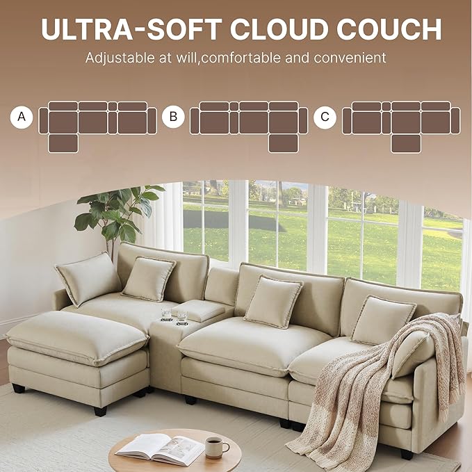 122" Oversized Modular Sectional Sofa with Storage Console,L-Shaped Cloud Couch with Movable Ottoman,Deep Seat,Thick Cushions, Multi Functional Console with USB & 2 Cup Holder,Sofa Set for Living Room | Wood Frame