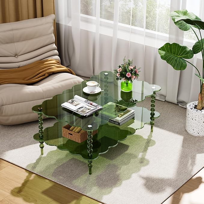 Acrylic Coffee Table, 2-Tier Living Room Table with Storage, Center Table Mid-Modern Century for Living Room, Easy to Assemble (Green, 37.8“×23.6“×15.7”)