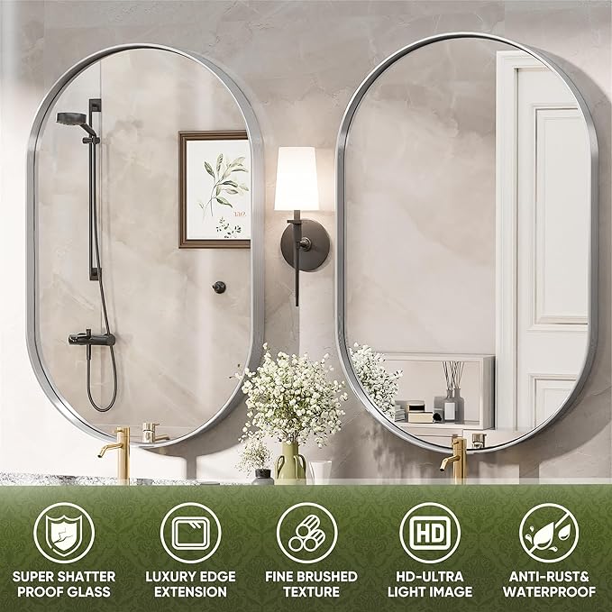 Suidia 24" x 36" Bathroom Mirror, Bathroom Vanity Mirror Metal Framed, Wall-Mounted Mirrors for Bedroom, Living Room, Entryway, Hallway, Silver, Oval Style