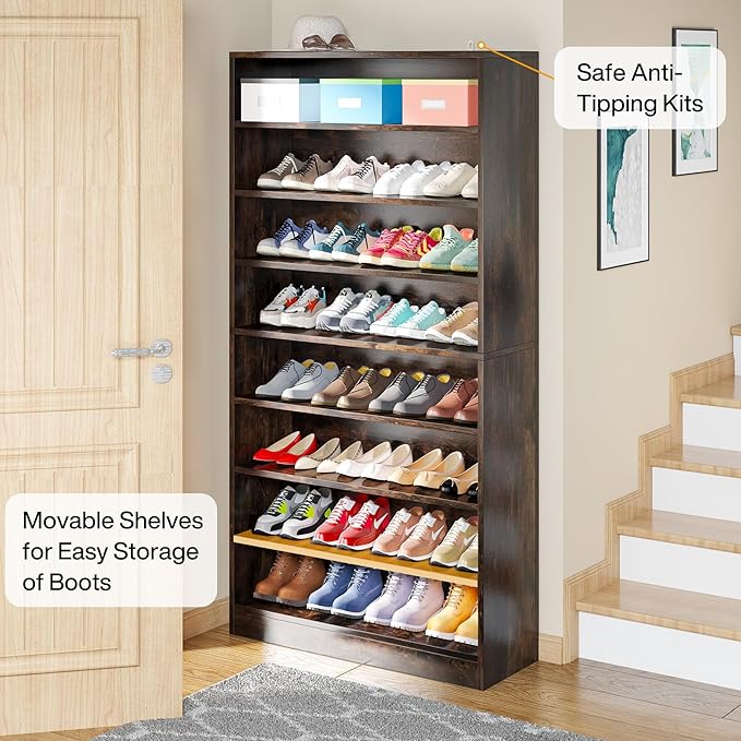 Tribesigns 2PCS Shoe Cabinet, 9 Tiers 40-45 Pairs Heavy Duty Wood Freestanding Shoe Storage Cabinet, 70.8'' Tall Shoe Cabinet with Open Storage for Entryway (Rustic Brown)