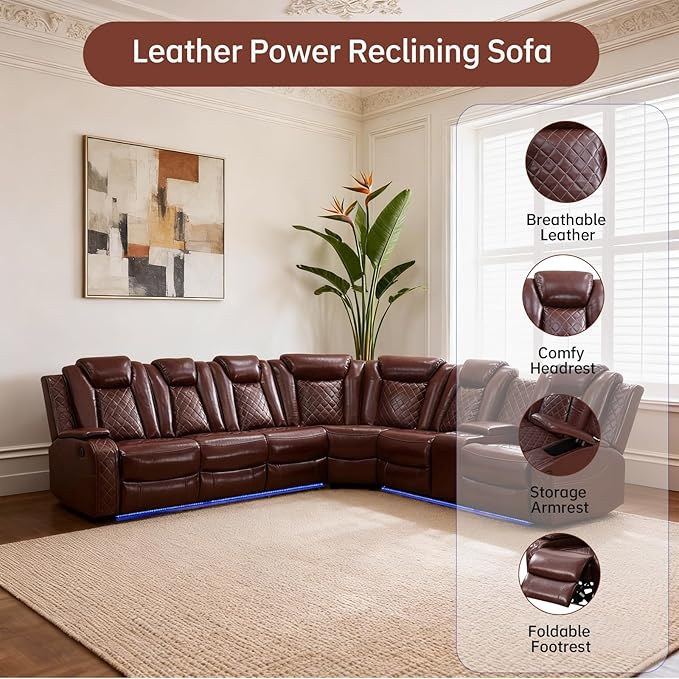 Power Reclining Sectional Sofa with Air Leather Upholstery, Electric Adjustable Recliner Couch, Quiet Motor Support, Home Theater Seating with Wireless Power, Cup Holders, Storage for Living Room