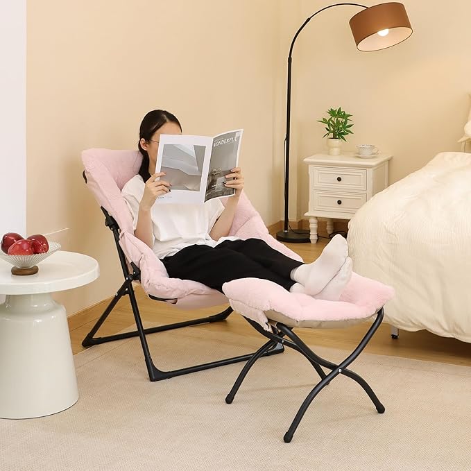 Comfy Saucer Chair for Adults, Soft Faux Fur Bedroom Chair with Ottoman, Accent Dorm Chairs, Living Room Reading Chairs and Footstool, Folding Seat for Teens, X-Large, Light Pink
