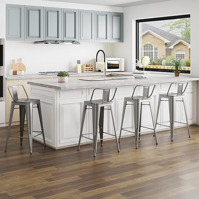 Tongli Metal Bar Stools Set of 4 Barstools Counter Height Bar Stools with Back Industrial Bar Stool Indoor Counter Stool Kitchen Island Stools Modern Bar Chair 24 inch Silver