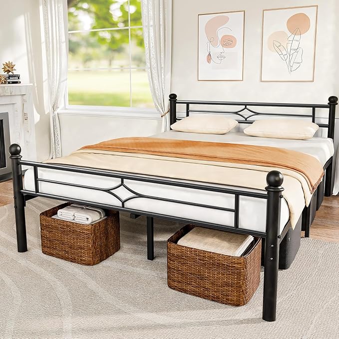 BedsPick Queen Size Metal Bed Frame with Headboard and Footboard, Platform Bed Frame with Premium Steel Slats Support/12.5'' Under Bed Storage Space/No Box Spring Needed/Noise Free/Easy Assembly/Black