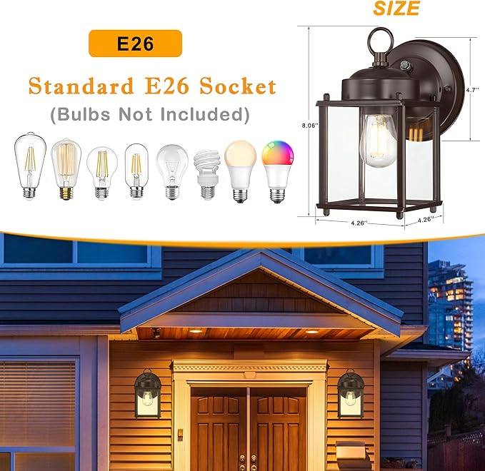 Dusk to Dawn Outdoor Wall Lantern, Modern Exterior Light Fixtures Wall Mount, Waterproof Front Door Wall Lighting with Clear Glass, Bronze Outdoor Wall Lights for House, Garage, 4-Pack