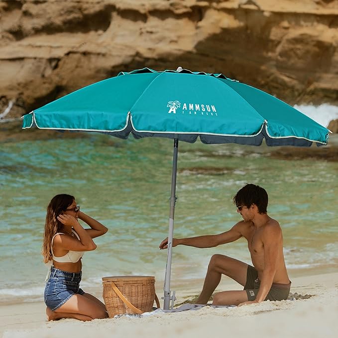 AMMSUN 8 Feet Large Beach Umbrella with Sand Anchor Heavy Duty High Wind Portable Outdoor Umbrellas UV 50+ Protection Air Vent Tilt Patio Garden Pool