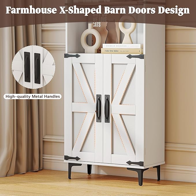 6 Tier Bookshelf with Doors and Adjustable Shelf, 72in Tall Bookcase with Storage Cabinet, White Farmhouse Bookshelves Wood for Living Room, Bedroom, Home Office