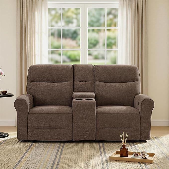 MCombo 78.3" Wall Hugger Power Loveseat Recliner Sofa with Console, Reclining Loveseat with USB Ports, Cup Holders, for Small Spaces Living Room RV, Fabric PR635M2 (Dark Brown)