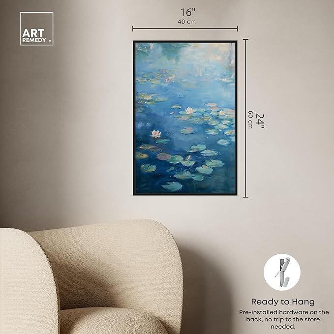 Art Remedy Lilypads In Blues Framed Impressionism 1 Piece Canvas Wall Art/Monet And Van Gogh Inspired Art, 17" x 25", Black Frame