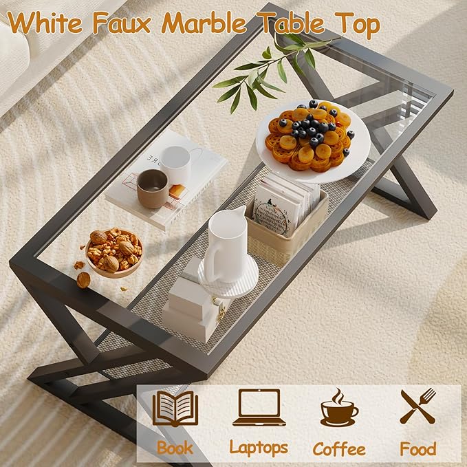 Glass Coffee Table Living Room Table with Storage Shelf, Black Glass Table Simple Modern Rectangular Tables with Sturdy Black Metal Frame,Industrial Glass Coffee Table for Bedroom Home Office