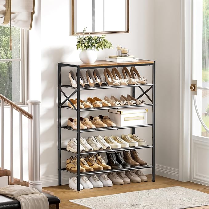 6-Tier Metal Shoe Rack Organizer Shoe Storage for Entryway 18-24 Pairs Narrow Shoe Rack for Closet Heavy-Duty Shoe Rack with Wooden Top Shelf for Garage Rustic Brown