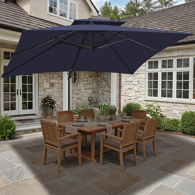 FLAME&SHADE 10 X 10 FT Cantilever Patio Umbrella - Large Offset Umbrella Outdoor Patio with 360-Degree Rotation and 3-Year Fade Resistance Fabric for Deck Pool Backyard Garden (Navy Blue)