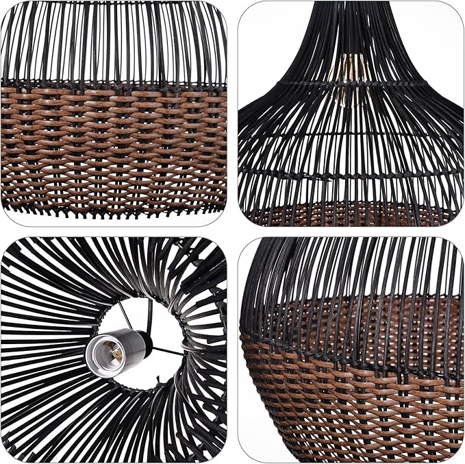 Arturesthome 1 Light Rattan Pendant Light Fixtures,Wicker Boho Black Basket Chandelier, Large Natural Woven Ceiling Hanging Lamp for Kitchen Island Dining Room W 23.5"*22.7"