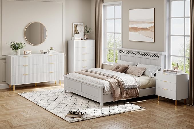 IDEALHOUSE White Dresser, Modern 3 Drawer Dresser for Bedroom with Gold Handle and Large Drawer, Wood Double Chest of Drawers and Storage Organizer for Living Room, Hallway, Entryway